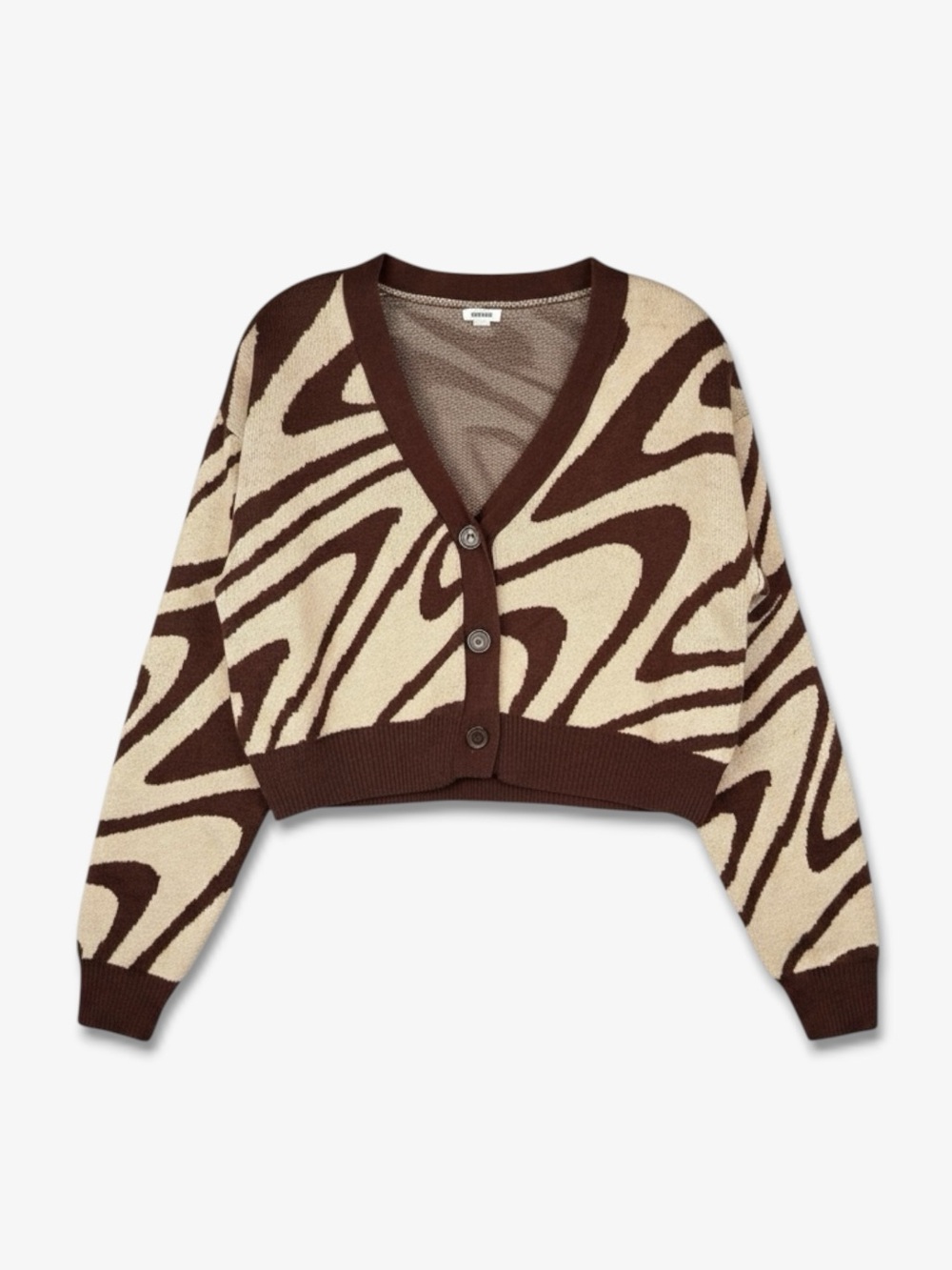 GARAGE Patterned‎ Cardigan S Brown Tan Cropped Zigzag V Neck Button Front Retro